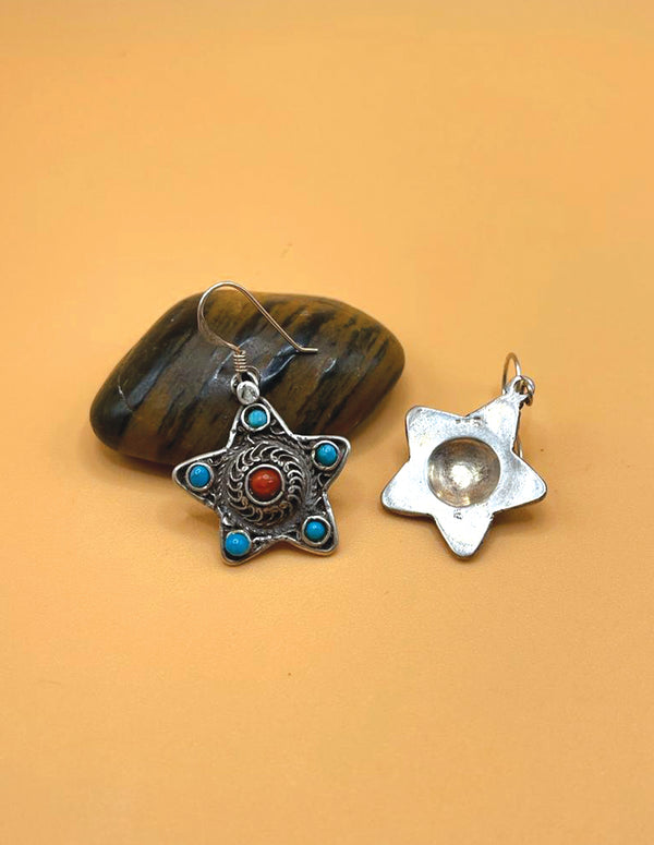 Sterling Sliver Tibetan Turquoise and Coral Star Earrings
