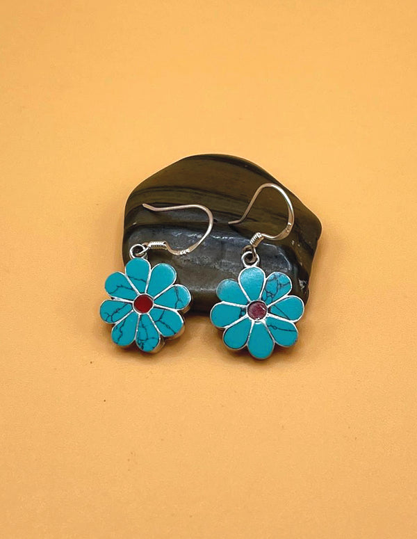 Sterling Silver Gemstone Tibetan Turquoise Flower Earrings