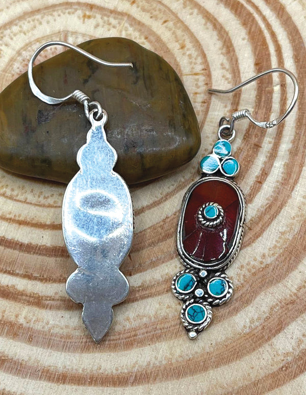 Sterling Silver Gemstone Coral and Turquoise Tibetan Oval Shape Earrings