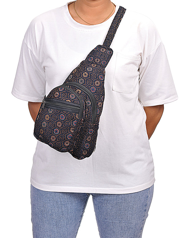 Hippie Boho Cotton Poly Bohemian Sling Bag Backpack Black Mandala