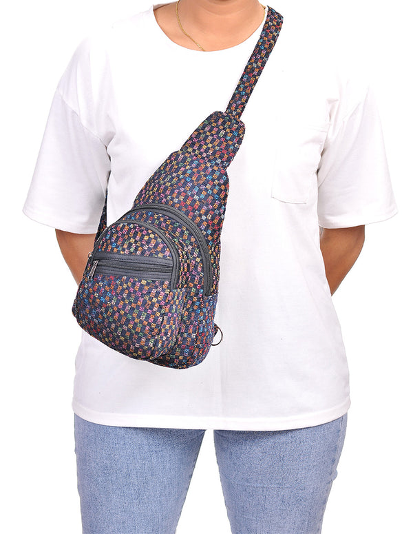 Hippie Boho Cotton Poly Bohemian Sling Bag Backpack Black Checkered