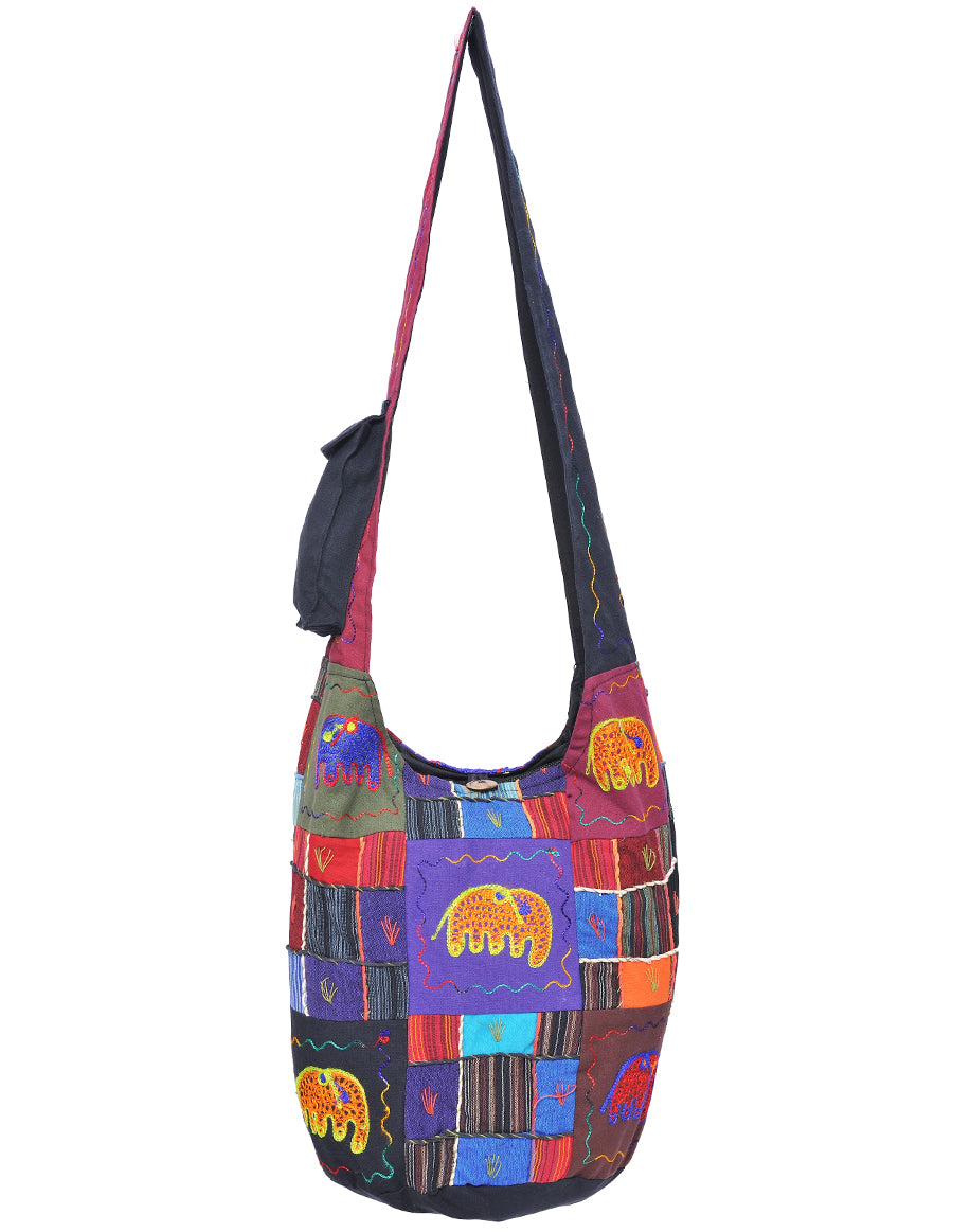 Elephant Embroidered Patch Cotton Hobo Bag