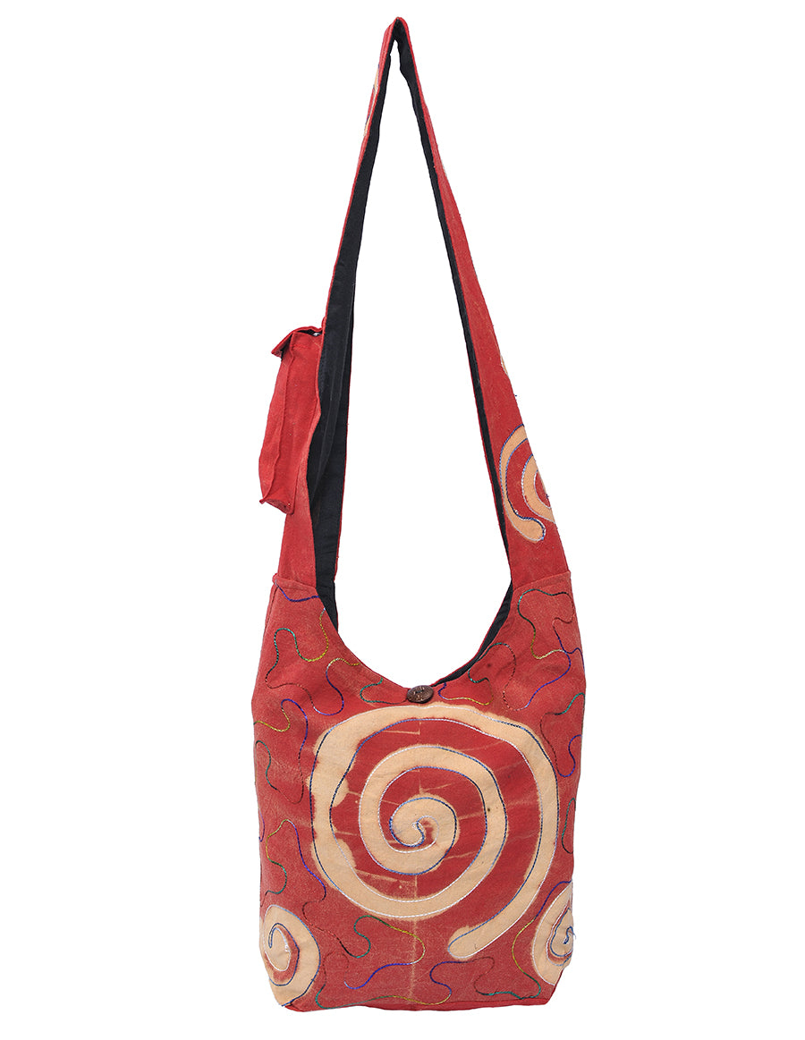 Spiral Embroidery Cotton Hobo Bag Red