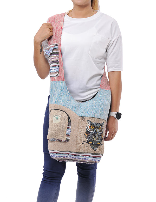 Owl Printed Hemp Cotton Hobo Bag