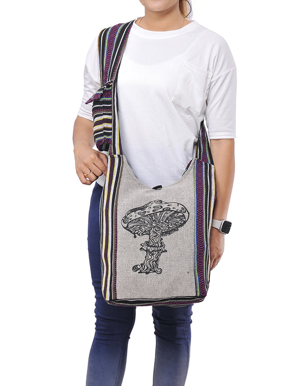 Mushroom Printed Cotton Hobo Bag