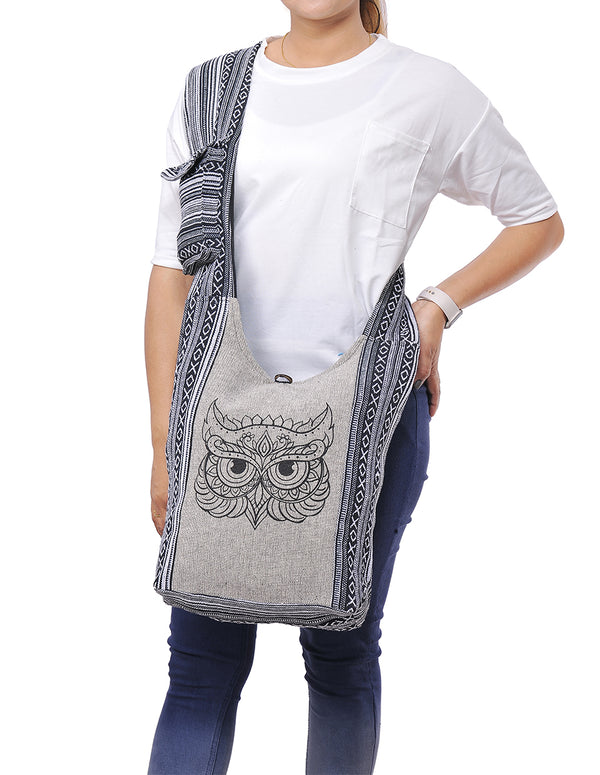Owl Printed Cotton Hobo Bag