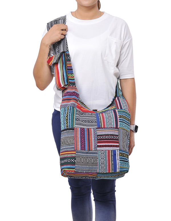 Blue Tribal Patched Cotton Hobo Bag