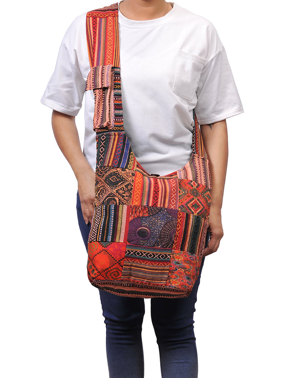 Patched Graphic Print Cotton Hippie Hobo Bag