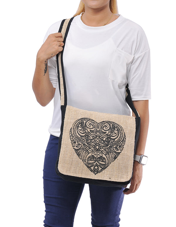 Graphic Hemp Cotton Messenger Bag Tribal Heart