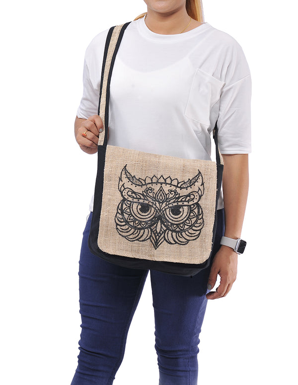 Graphic Hemp Cotton Messenger Bag Owl