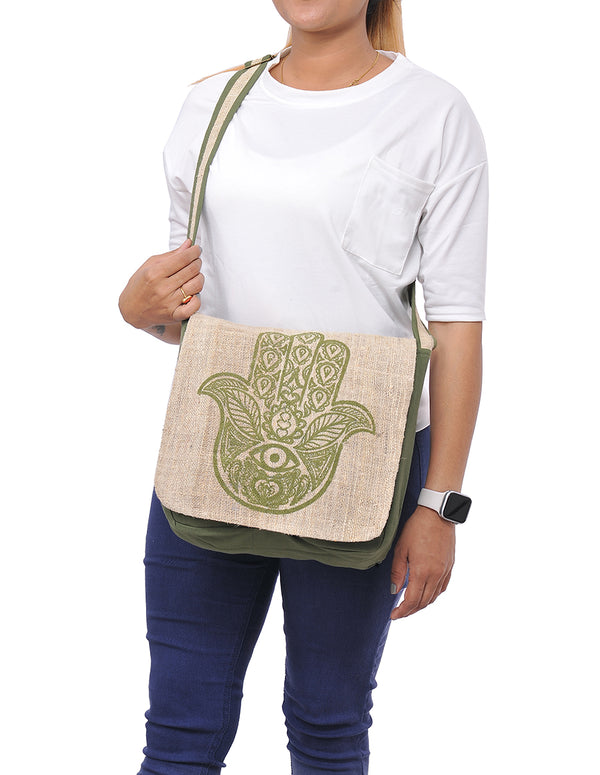 Graphic Hemp Cotton Messenger Bag Hand of Hamsa