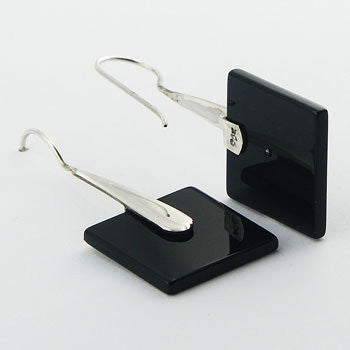 Black Agate Square Disc Sterling Silver Earrings