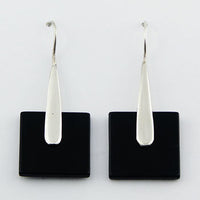 Black Agate Square Disc Sterling Silver Earrings