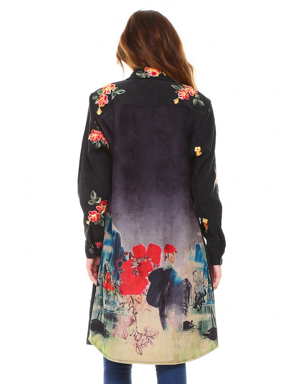 Oriental Flowers Corduroy Shirt Dress