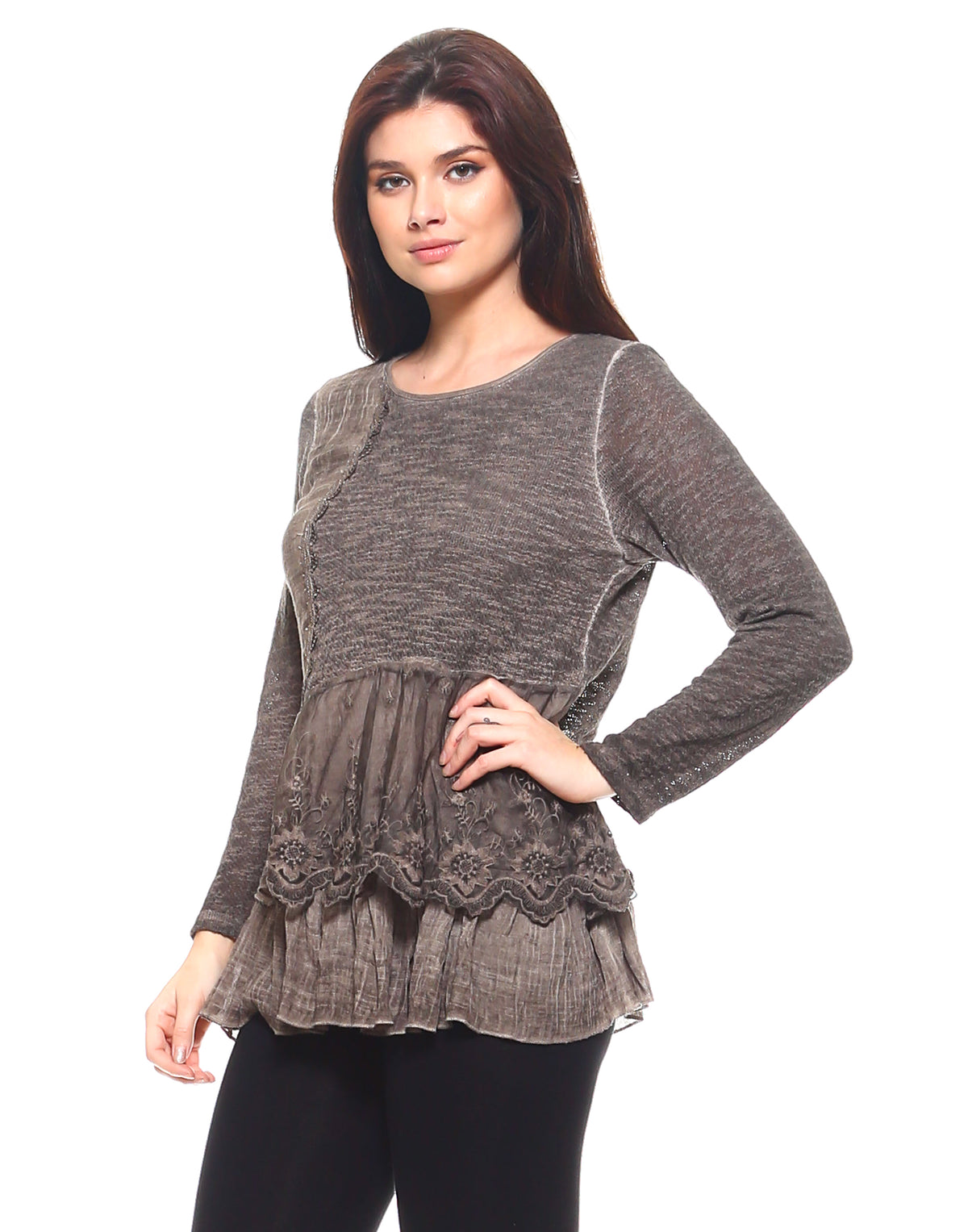 Brown Lace & Ruffles Full Sleeve Top