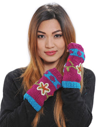 Flower Embroidered Wool Knit Arm Warmers