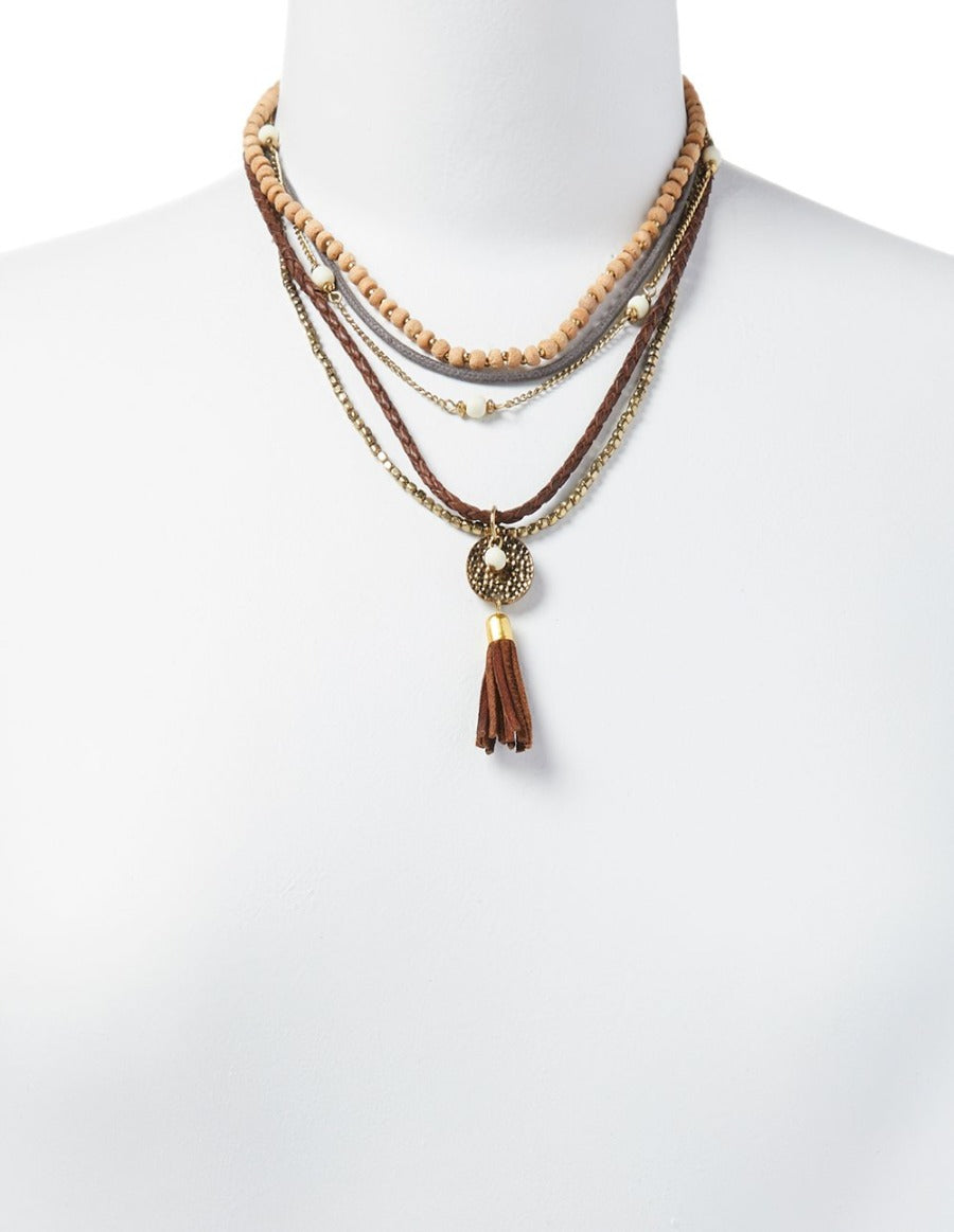 Layered Leather & Beads Necklace