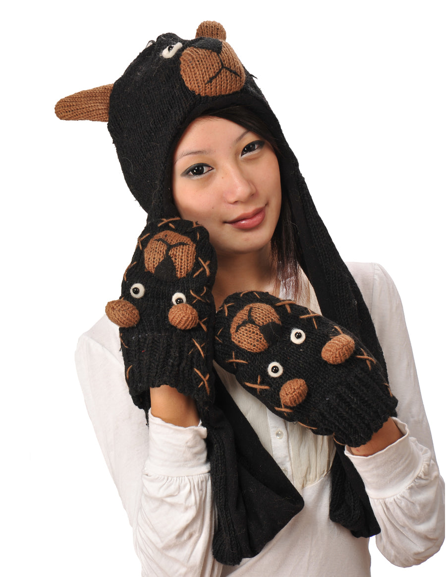 Black Bear Woolen Hat W' Mittens