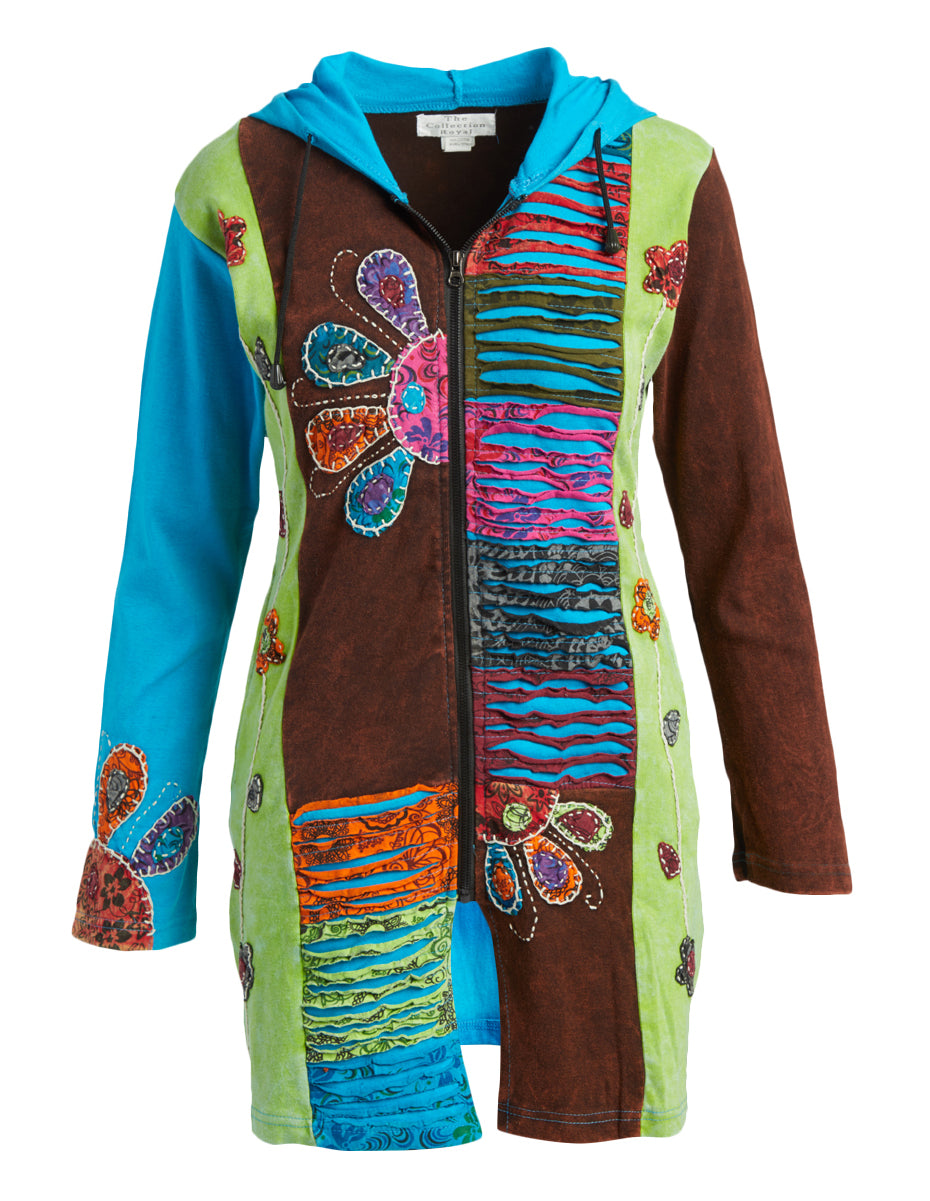 Multi Color Flower Patch Hooded Jacket